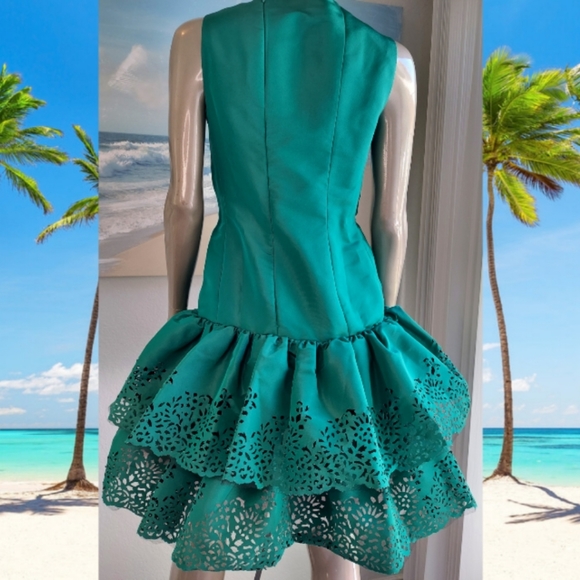 *$5,000 OSCAR DE LA RENTA ICONIC STUNNING GREEN EYELET PLEADED SILK RUNW DRESS M - Picture 8 of 10